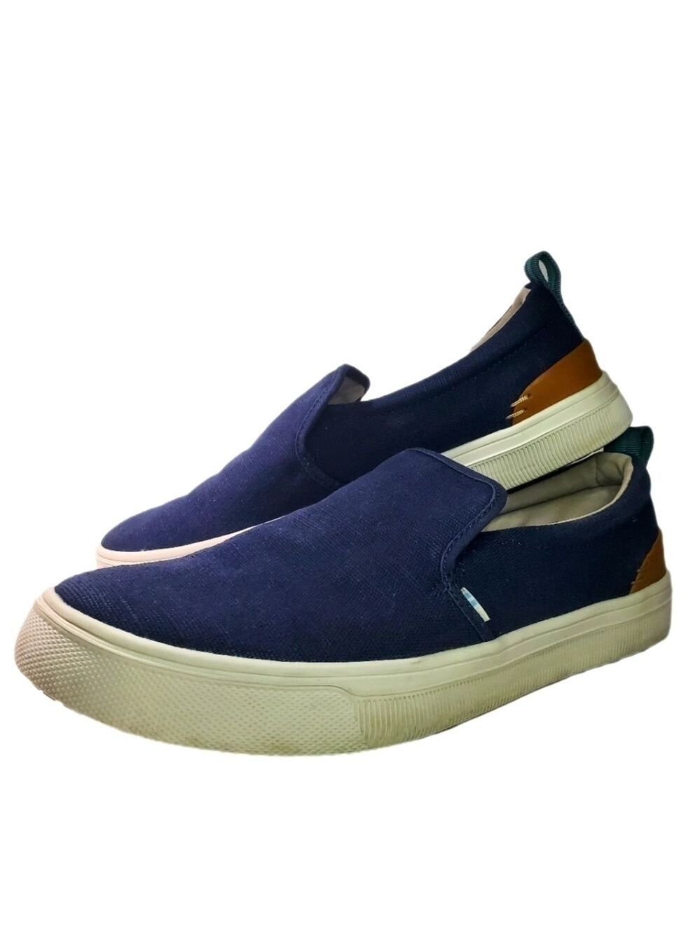 Toms Men's Travel Lite Navy Heritage Canvas Slip-on Sneakers Size 11 EUC Leather